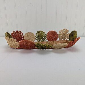 Vintage Rafia Floral Tray Rattan Wicker Basket Orange Green Beige Oval 15.5"